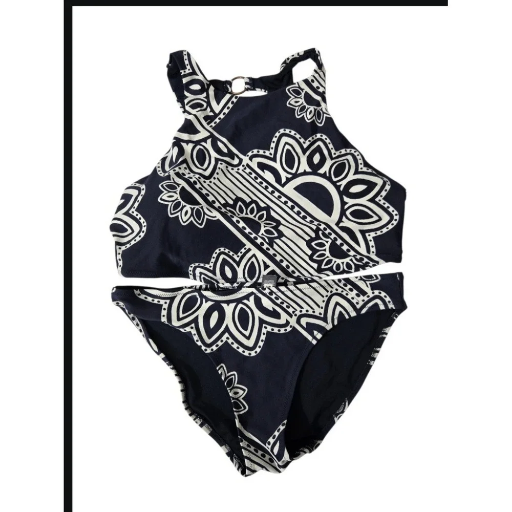 Aerie Bikini Set Navy Blue White Medallion High Neck Crop Top XL Bottoms‎ Medium